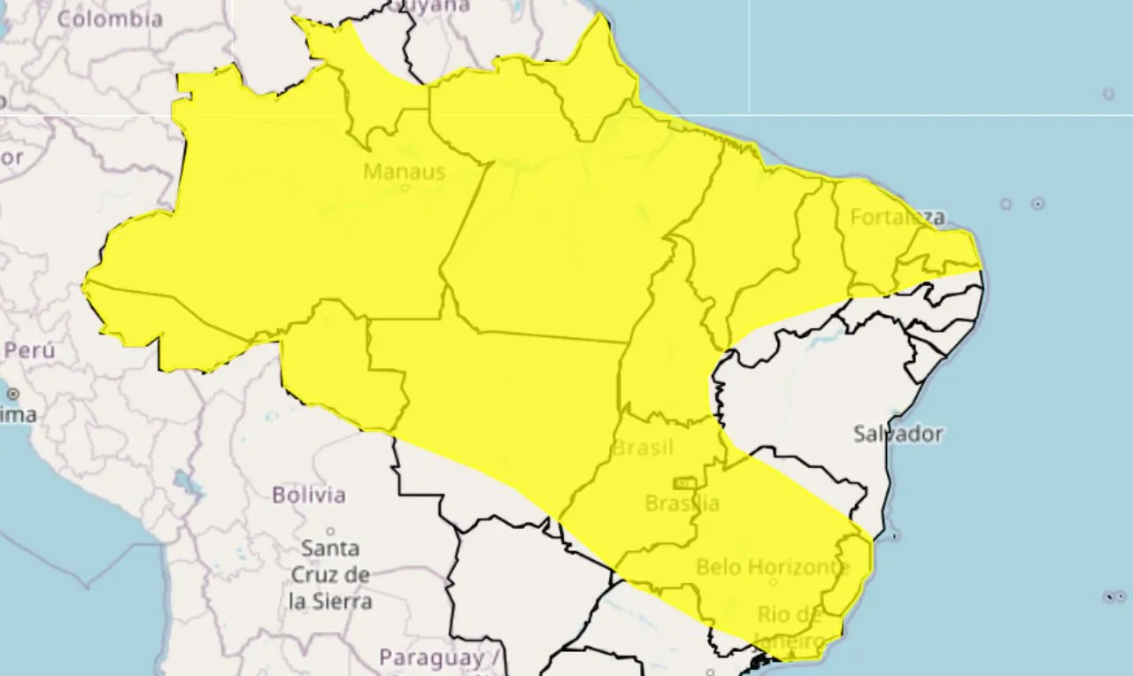 O mapa mostra as regi&otilde;es em estado de aten&ccedil;&atilde;o neste s&aacute;bado